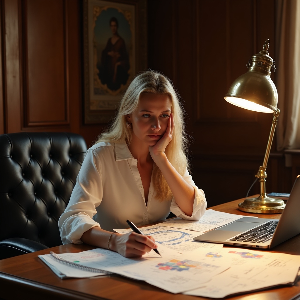 Freelancer reviewing documents and charts at a warm-lit office table