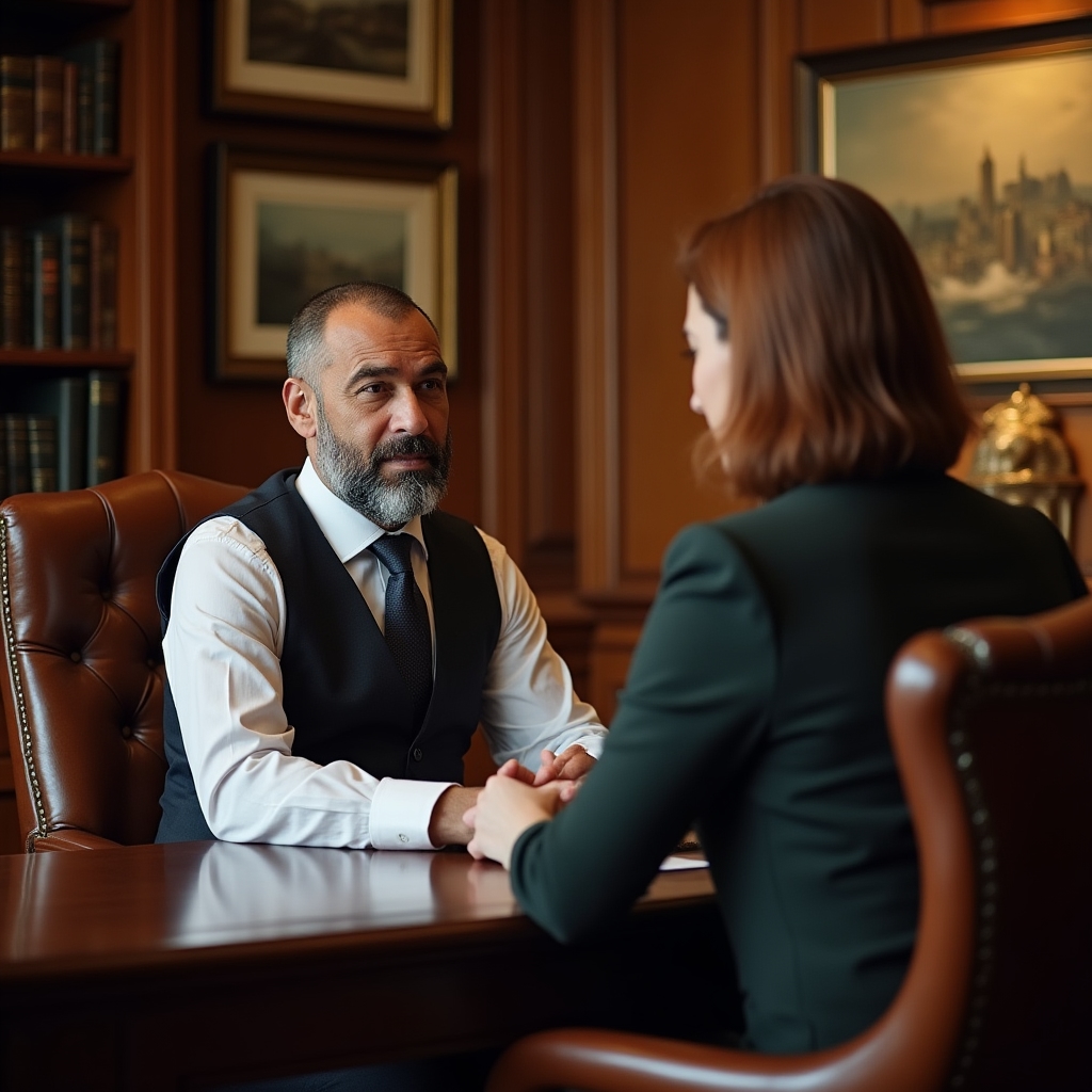 Two professionals in deep conversation at a classic wooden desk