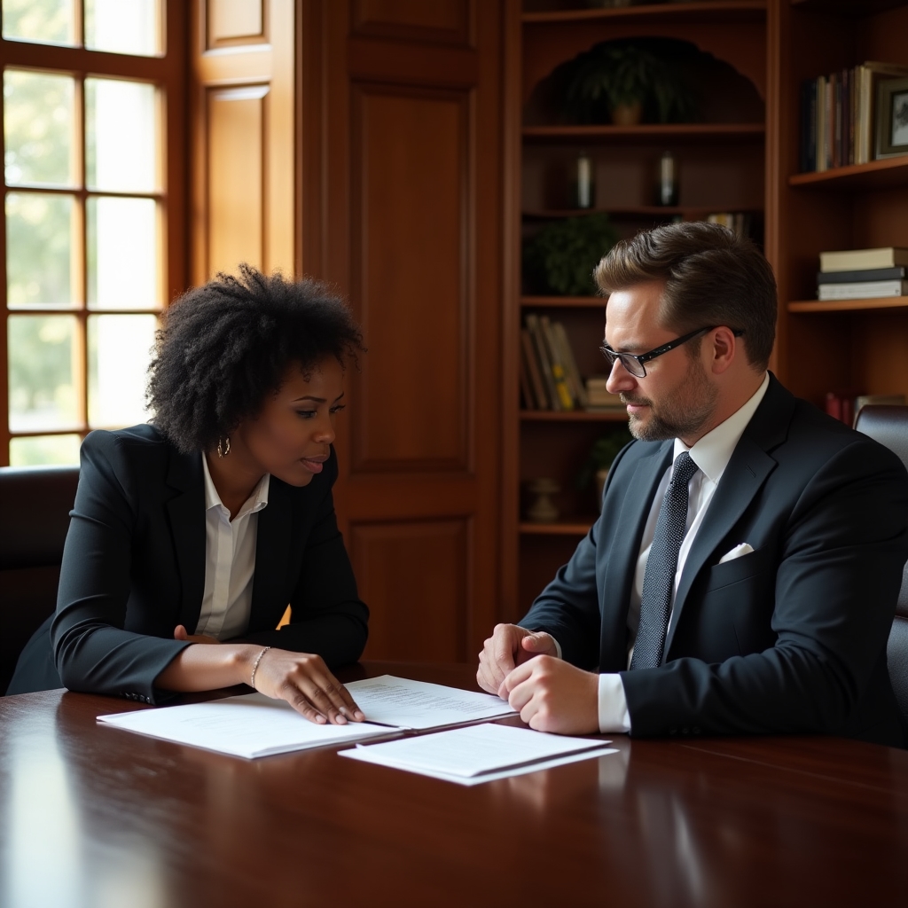 A warm consulting session with two professionals in a wood-panelled office