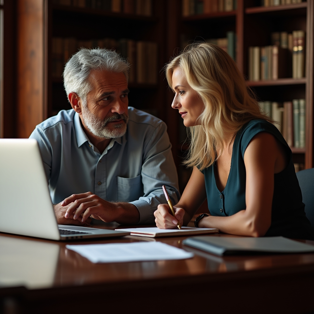 Consultant and freelancer working side by side at a classic office desk