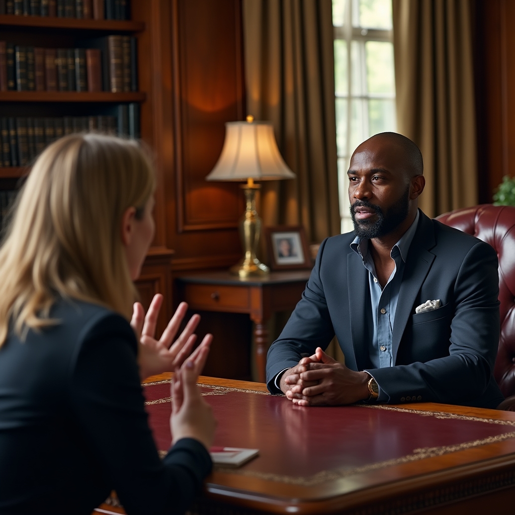 One-to-one consulting session with warm golden hour lighting in a wood-panelled room
