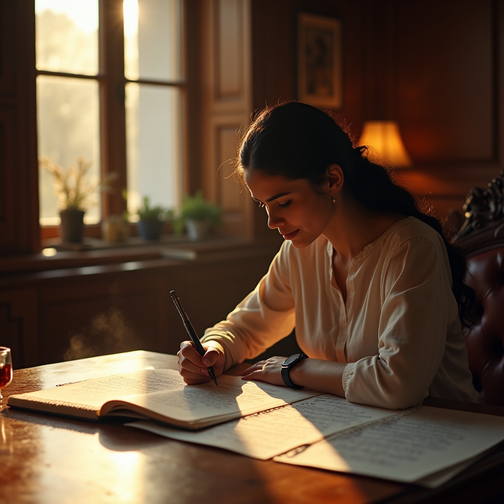 A freelancer working strategically at a warm, well-lit desk