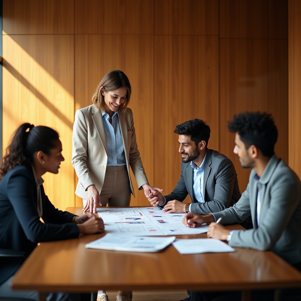 Small group workshop in a warm corporate setting with professionals engaged in discussion
