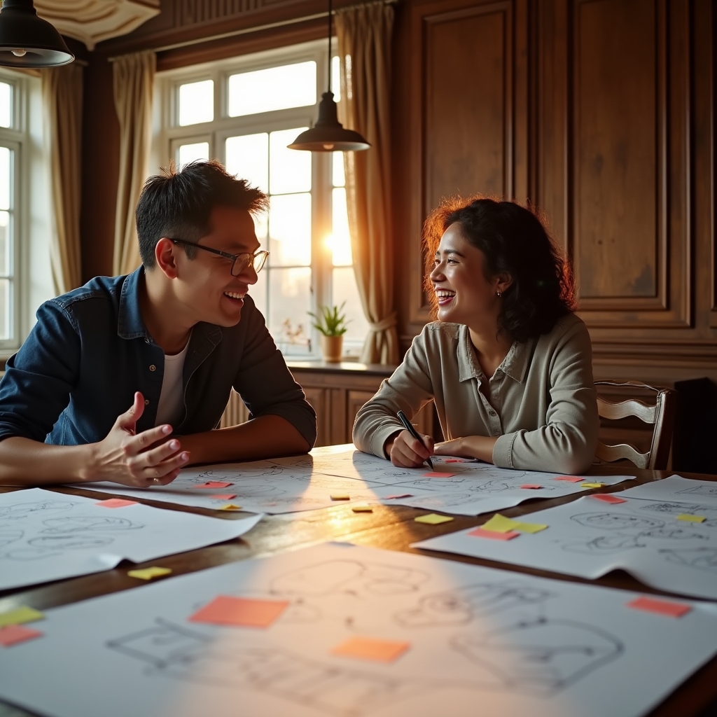 A consultant and freelancer mapping strategy on paper in a sunlit office